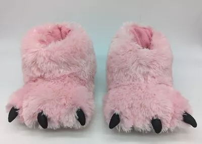 Lazy One Kids Slippers Pink Paw Animal Monster Feet Fuzzy Plush Sz S Child 9-11 • $16.88