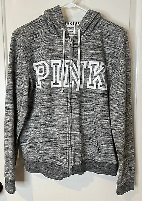 PINK By Victoria's Secret Full Zip Hoodie Large Variegated Grey Spell Out • $11.95