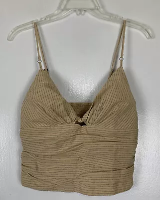 ZARA Crop Top Women’s Size XS Smocked Adjustable Straps Pinstripes Beige NWT • $8.99