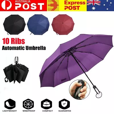 Large Umbrella Windproof Automatic Folding Open Strong Compact 10Ribs Fiberglass • $16.14