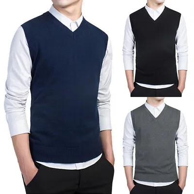 $16.55 • Buy Men Slim Fit Knitted Sweaters V Neck Vest Sweater Mens Sleeveless Holiday Cozy
