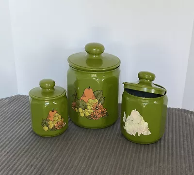 Vtg Kromex 3 Pc Canister Set Avocado Green W/Mod Flowers MCM _ Some Issues READ • $19.99