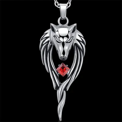 Men's Red Zircon Silver Plated Wolf Head Pendant Necklace Retro Punk Jewelry • $0.01