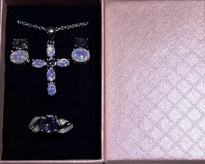 White Fire Opal Rainbow Mystic Topaz Cross Necklace Earrings & Ring Size 9 Set • $19.99