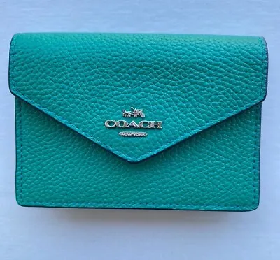 COACH Envelope Card And Coin Purse/case Silver And TEAL Pebble Leather NEW • $190