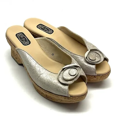 $69.95 • Buy SALPY Lily Flower Top Peep Cork Slip On Slide Wedge Heel Sandals Shoes Size 8