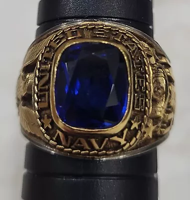 United States Navy Stainless Steel Gold Plate Military Ring Size 12 Blue Stone • $24.99
