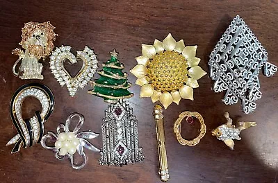 LOT Of 11 Vintage Brooches Lion Heart Pearl Sunflower Christmas Tree Fish • $88