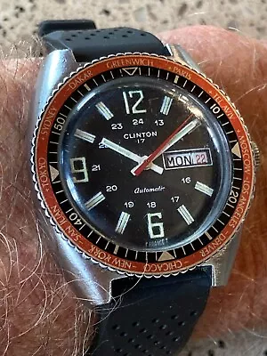 Vintage Clinton World Time Day Date Men's Dive Watch • $145