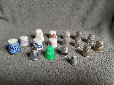 Vintage Lot Of 17 Thimbles 6 Porcelain 10 Metal 1 Plastic Delft Painted Varied  • $19