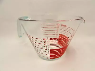 Vtg. Glass Pyrex 4 Cup Measuring Cup Red Reverse Read Open Handle Slanted Sides • $14.69
