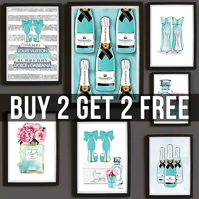 Designer Fashion Wall Art Posters Teal Blue Bag Books Makeup Poster Gallery Wall • £5.99