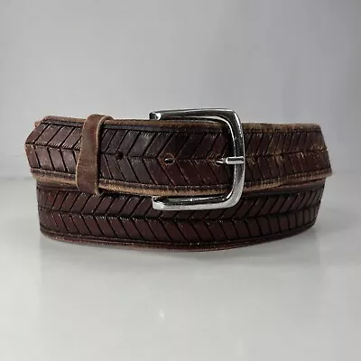 Worn Brown Embossed Genuine Leather Work Belt - Men's Size 40 • $12.60