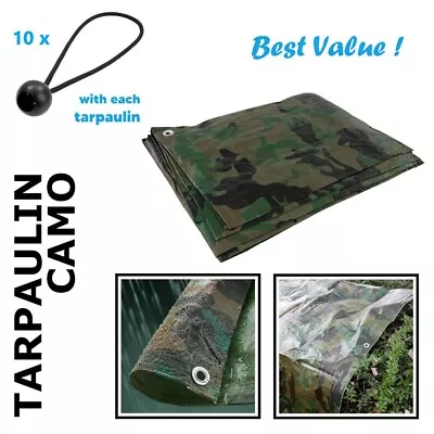 11 Sizes Of Heavy Duty CAMO Tarpaulin Waterproof Cover Sheet + 10 Bungee Balls • £38.48