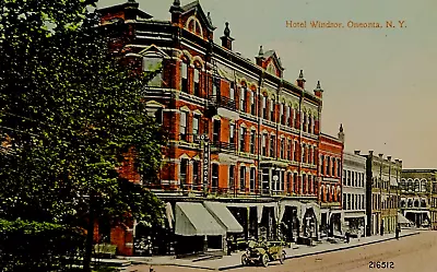 Main Street: Hotel Windsor People Vintage Car Oneonta NY. Pre-1915. • $5