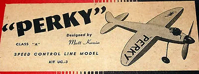 Megow PERKY PLAN + PARTS PATTERNS To Build An Old Time UC Speed Model Airplane • $18.95