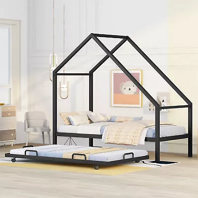 Twin Size House Bed Metal Platform Bed Frame W/Trundle For Kids Teens Chamber US • $200.69