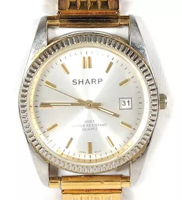 Vintage Sharp Watch Men Gold Silver Shp-3160 Round Date 30M Stretch 35MM #B043 • $14.98