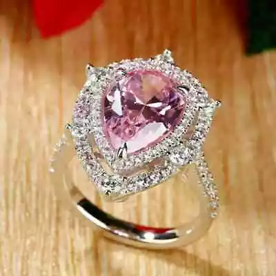 2.10Ct Lab-Created Pink Sapphire Double Halo Wedding Ring 14K White Gold Plated • $129.99