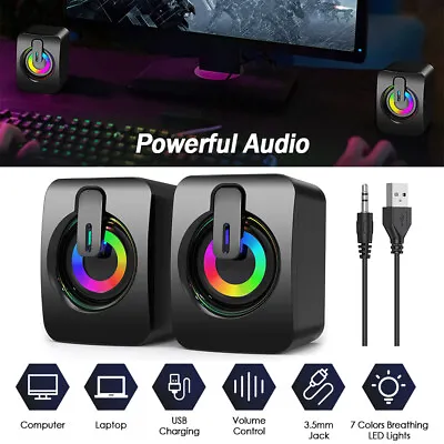 Computer Speakers 2.0 USB RGB Backlit Wired Mini Portable Gaming Speakers 3.5mm • £10.99
