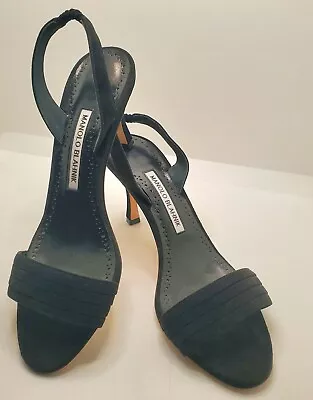 Manolo Blahnik Black Suede Slingback Open Toe Heels Sz 38/7.5 Handmade Vergasli • $299