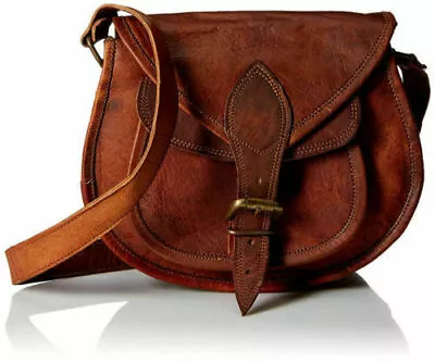 Vintage Saddle Bag Genuine Goat Leather Brown Messenger Shoulder Cross-body Bag • $42.75