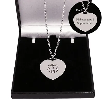 Medical Alert Necklace SOS Necklace Free Engraving Women Girls Steel Heart • £11.99