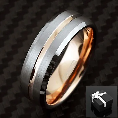 6/8mm Tungsten Men's Ring Brushed Silver Rose Gold Plated Stripe & Inside Band • $26.99
