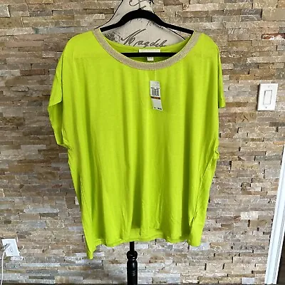 Michael Kors Women's Lime Green Gold Sequin Neck Blouse Short Sleeve Size 3X • $44.99