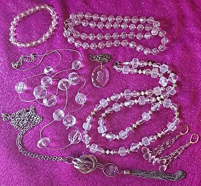 Vintage Clear & White Lucite Beaded Necklace Lot & Bonus Earrings & Bracelet • $9.99