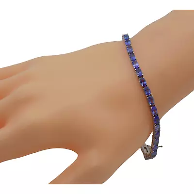 Signed Sterling Silver & Lab Tanzanite 8.5  Tennis 3.2mm Bracelet 10.5gr #1511 • $49.99