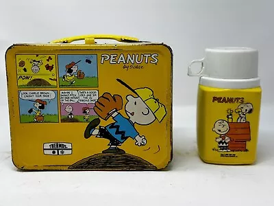 VINTAGE   YELLOW  *PEANUTS* METAL LUNCHBOX And THERMOS CHARLIE BROWN & FRIENDS • $45