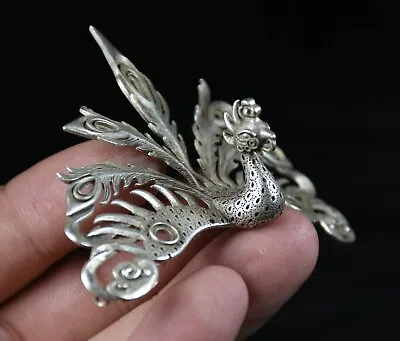 8CM Old Chinese Miao Silver Feng Shui Beautiful Peacock Peafowl Lucky Pendant • $24.99