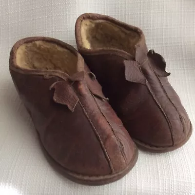 Antique Brown Leather Child Shoe Slipper Fur Lined /Sole Slip-on • $102.55