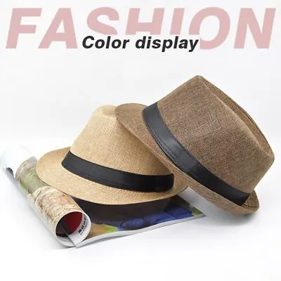Mens Women Straw Fedora Hat Trilby Cuban Sun Cap Panama Short Brim Beach Sun Hat • $13.13