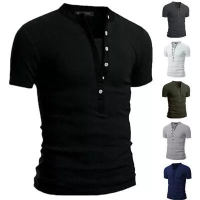 Mens Casual Slim Fit V Neck T-Shirt Muscle Tee Tops Short Sleeve Button Blouse • $10.14