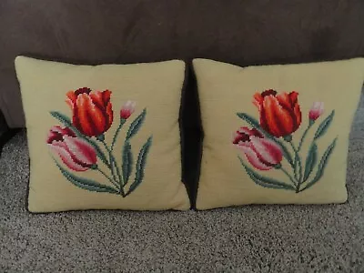 VINTAGE NEEDLEPOINT TULIP PILLOWS  (2) Velvet Feel Backs - 12 X 12 - BEAUTIFUL! • $39