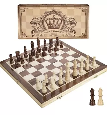 AMEROUS 15'' Magnetic Wooden Chess Set -Folding Board -2 Extra Queens Authentic • $33