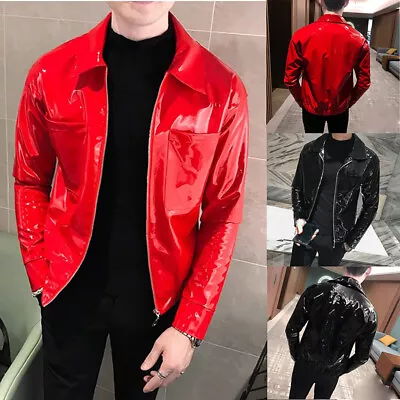 Men's Faux Leather Coat Turn-down Collar Long Sleeve Zipper Motorcycle Jackets • $44.03