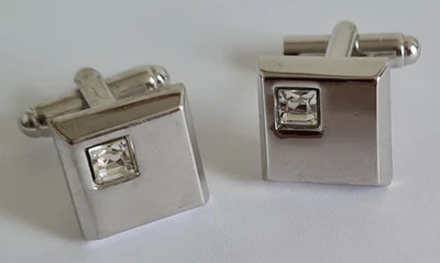£3.99 • Buy Clear Stone Diamante Silver Coloured Square Cufflinks Wedding Party