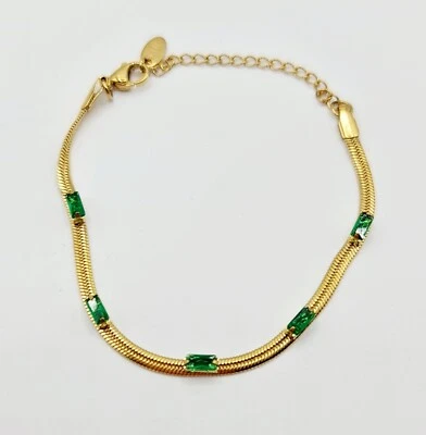 £8.99 • Buy 18k Gold Plated Flat Gold Green Emerald CZ Crystal Snake Chain Bracelet Stories