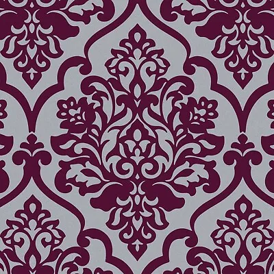 Exclusive Katerina Flock WallpaperVelvet Purple Grey Damask J117 • £19.99