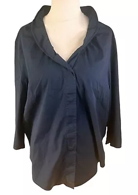 Cos Ladies Navy Frilly Shirt Size 44 (UK 16) 3/4 Sleeved Button Up Cotton Mix • £25