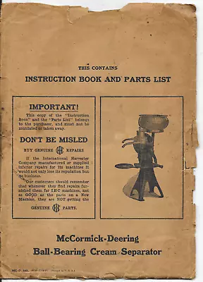 1927 Instruction Book & Parts List McCormick-Deering Cream Separator • $14.95