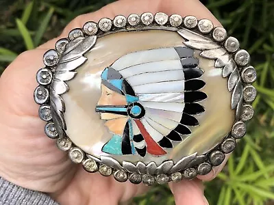 Wow! Vintage Inlay Indian Chief & Sterling Silver Southwestern Zuni Belt Buckle • $144.50