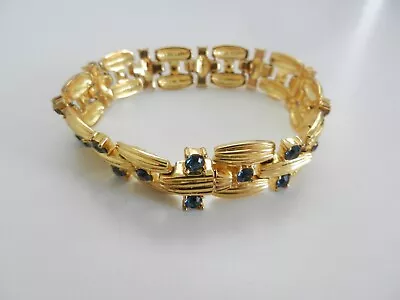Vtg Nolan Miller Textured Ribbed Ribbon Gold Tone Blue Glass Rhinestone Bracelet • $35