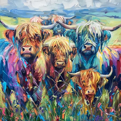 Highland Cow Herd Colourful Oil Art Luxury Canvas Wall Picture Print Colourful • £59.99