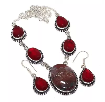 Moss Agate Red Onyx Gemstone 925 Sterling Silver Jewelry Set W Earrings • $15.29