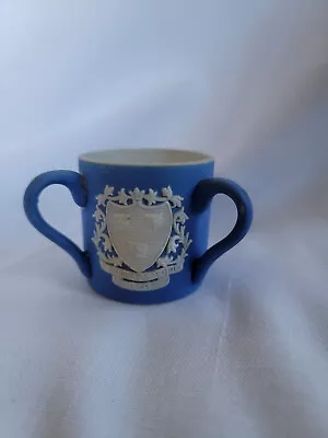 Small Mini Miniature Blue Cup Mug With 3 Handles And White Coat Of Arms • $17