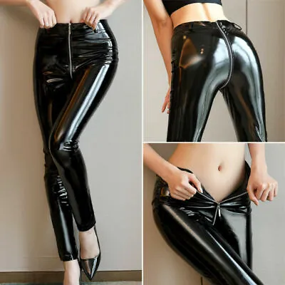 Women Shiny Glossy Patent Leather Pants Wetlook Trousers Leggings Zipper Crotch • £21.59